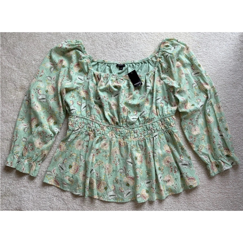 Torrid Clip Dot Smocked Milkmaid Top Womens 2X Mint Floral Coquette Cottagecore